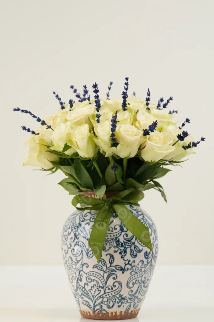 Lavender Cream Harmony - Floral Porcelain Vase Arrangement 