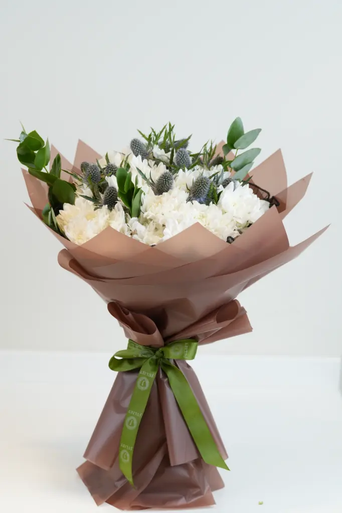 [BQ-MMEWCEB-027] Moonlit Meadow - Elegant White Chrysanthemum & Eryngium Bouquet 