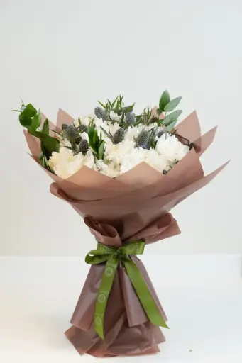 [BQ-MMEWCEB-027] Moonlit Meadow - Elegant White Chrysanthemum & Eryngium Bouquet 